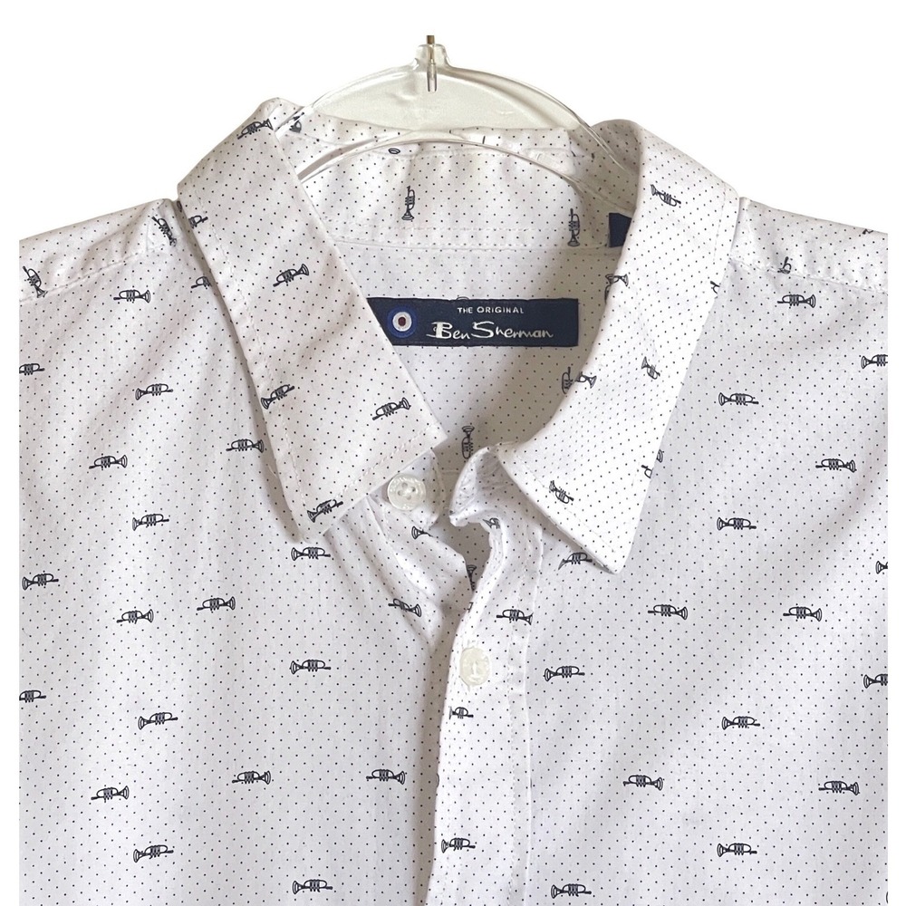Ben Sherman Button Down Shirt Mens Size M White Trumpet Print Long Sleeve Mod